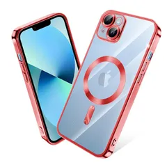 iPhone 14 ケース MagSafe対応 クリア メッキ加工 アイフォン14 スマホケース 耐衝撃 TPU ワイヤレス充電対応 いpほね 14 カバー ストラップホール付き 薄型 透明 超軽量 黄ばみにくい 柔軟 滑り止め （レッド）