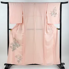 付下げ 身丈156.5cm 裄丈64cm M 単衣 草花 楓 刺繍 ピンク 正絹 秀品 一つ紋 【中古】