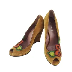 【BIGお買い物ラリー★30%OFFセール中】ミュウミュウ MIUMIU パンプスフラワーモチーフ ♯38ハーフ ウェッジソール ブラウン オレンジ グリーン系 レディース 中古 ミュウミュウ MIUMIU パンプス フラワーモチーフ ♯38ハーフ ウェッジ