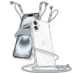 iPhone 16 Plus 用 ケース クリア ショルダー アイフォン16plus スマホケース iPhone16plus カバー 肩掛け 斜めかけ 縄掛けケース 透明 薄型 軽量 TPU 携帯ケース 紐付き 斜めがけ 織りストラップ付き 長さ調整可能 取り