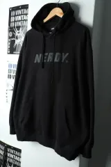 (L-XL) NERDY フード付きTシャツ ホログラムロゴ ブラック オールドスクール-165C1