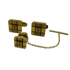 【最大30％OFF★ウィンターセール】サンローラン SAINT LAURENT カフス 2アイテムセット YSLロゴ スウィヴル式 タイタック ゴールド ブラック レディース 中古