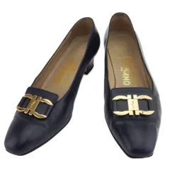 【最大30％OFF】サルヴァトーレフェラガモ Salvatore Ferragamo パンプス ガンチーニ ♯5D スクエアトゥ ネイビー ゴールド レディース 中古