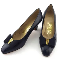 【最大30％OFF★ウィンターセール】サルヴァトーレフェラガモ Salvatore Ferragamo パンプス リボン ♯6ハーフD スクエアトゥ ネイビー ゴールド レディース 中古