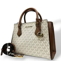 【美品】MICHAEL KORS マイケルコース 2WAY ハンドバッグ ショルダーバッグ シグネチャー MKロゴチャーム PVC レザー ブラウン ベージュ ゴールド金具 エレガント レディース 通勤 通学 クリーニング済み 自立可 s71