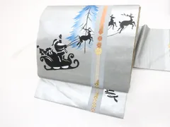 【京松】九寸名古屋帯 オリジナル お太鼓柄 サンタクロース トナカイ 雪だるま 金糸 クリスマス 正絹 美品 r7b12-224
