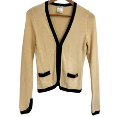 02A CHANEL シャネル ココマーク カシミヤ100％ 長袖 バイカラー ニットカーディガン 38 ベージュ×ブラック レディース 古着 中古 USED