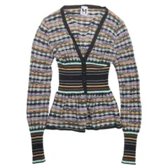 美品 MISSONI ミッソーニ 総柄 カーディガン ニット トップス 長袖 ウール タイト ボーダー 40 マルチカラー レディース 古着 中古 USED