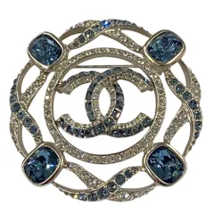 新品同様 C19P CHANEL シャネル ビジュー装飾 ココマーク ブローチ シルバーカラー ブルー レディース 古着 中古 USED