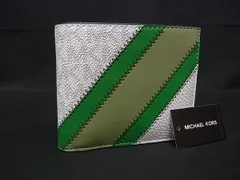 ■新品同様■ MICHAEL KORS マイケルコース MK柄 PVC×レザー 二つ折り 財布 ウォレット ホワイト系×グリーン系 BN6465