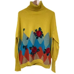 美品 BALLANTYNE バランタイン カシミヤブレンド タートルネック アーガイル バラ プルオーバーニットセーター 42サイズ イエロー レディース 古着 中古 USED