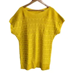 美品 Lauren Ralph Lauren ローレンラルフローレン ボートネック ケーブル編み半袖ニット M イエロー レディース 古着 中古 USED