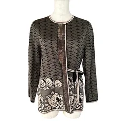 美品 Marina Rinaldi マリナリナルディ カーディガン XS カーキ 花柄ビーズ装飾