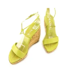 【最大30％OFF】プラダ PRADA サンダル ウェッジソール ♯34ハーフ アンクルストラップ グリーン ベージュ ゴールド レディース 中古