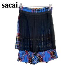 sacai サカイ ドッキングプリーツスカート 異素材 ベルト付 ネイビー sacai サカイ ドッキングプリーツスカート 異素材 ベルト付 ネイビー