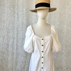 コットン ホワイト パフスリーブ 前ボタン ワンピース｜ナチュラル 白 ロング丈 ヴィンテージワンピース