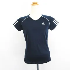 アディダス adidas Tシャツ カットソー 半袖 Vネック ライン ロゴ S ネイビー スポーツウェア ※EKM