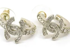 2025年製 新品同様品 シャネル B25S ピアス ■ ココマーク クリアストーン シルバーカラー フープ レディース CHANEL□7L イ1000