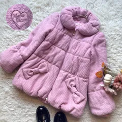 mezzo  piano　メゾピアノ良品　ウール混ツイード中綿ダウンコート　リボンポケット　ロゴワッペン　ジャケット　ピンク　140 キッズ　女の子