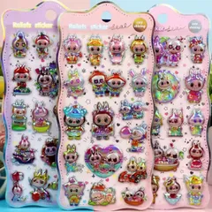 【新品】超人気 LABUBU ラブブ 3枚セット 七色彩 虹レーザーシール 3D立体クリスタルステッカー 可愛い キャラクターシールセット 手帳デコスクラップブック 日記帳