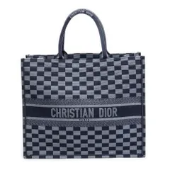 [中古] DIOR ディオールブックトートネイビーブルー、水色刺繍チェックキャンバスA