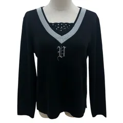ZM1669【美品】VALENZA PO SPORTS 装飾Vネックウールニットセーター ラインストーン 黒×銀 サイズ42