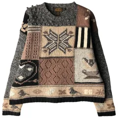 古着 80~90年代 エディーバウアー Eddie Bauer 黒タグ 総柄 パッチワーク風 ウールニットセーター メンズS相当 ヴィンテージ/eaa597290