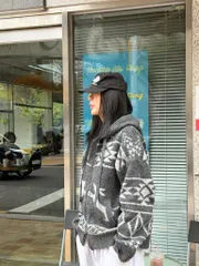 ノルディック フーディ ジップアップニット (冬 新作 ユニセックス ヴィンテージ オーバーサイズ オーバーサイズ カーディガン)