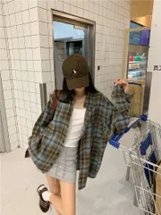 春新作 チェック シャツ ロング ボックス ルーズフィット シャツ 季節の変わり目 (ルアンド NB)