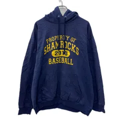 Champion プリントスウェット パーカー L ネイビー イエロー チャンピオン プルオーバー フーディー ビッグプリント 秋物 a712-6154