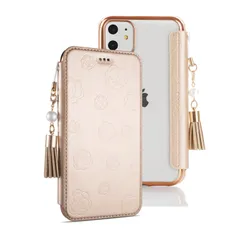 iPhone12 ケース おしゃれ 背面クリア 対応6.1インチ iPhone 12 pro ケース 花柄 女性専用 化粧鏡付き タッセル付き が溢れる仕様 iPhone12カバー 可愛い プライバシー 耐久性 薄型 軽い メッキ加工 ゴールド