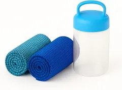 ＯＷＮ ＣＯＬＯＲＳ OWN COLORS 冷感メッシュタオル 2枚セット 吸水速乾 吸汗 スポーツ・温泉・旅行・ジム・サウナ後にも使える 通気メッシュ構造 軽量ボトル付き (クールアクティブ／青,  30x100cm)