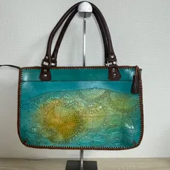 【美品】JEAN PAUL ハンドペイント風 レザーバッグ トート 手提げバッグ 緑系 本革風 デザイン個性派