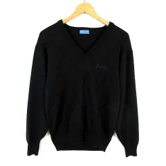 ニット セーター ウール Vネック ロゴ 刺繍 斜め格子柄 長袖 M 黒 ブラック