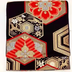 ［6237］袋帯 草花鳳凰亀甲文様 刺繍 六通 正絹 着物 フォーマル 黒