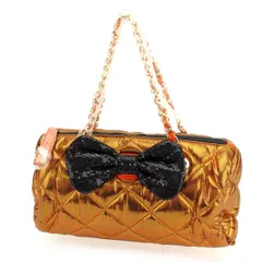 【最大30％OFF★ウィンターセール】サマンサベガ Samantha Vega ハンドバッグ キルティング スパンコールリボン付き メタリックオレンジ×ブラック×ゴールド レディース 中古