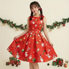 【在庫限り】クリスマス ドレス サンタ コスプレ 大きいサイズ Aライン ノースリーブ レッド red【赤】