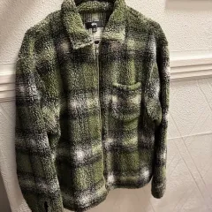 STUSSY チェック パターン フリース ジャケット グリーン