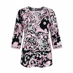 59L15 LEONAD レオナール チュニック ロングスリーブカットソー Vネック カンカン素材 総柄 トップス 40サイズ ブラック ピンク レディースo07t