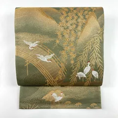 たんす屋 TANSU-YA リユース帯 帯 袋帯 金 緑 フォーマル 織り 金糸 鶴 橋 水辺 枝垂れ 山 絹 六通 未洗い MS6909