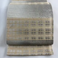 【在庫一掃】 袋帯 秀品 幾何学 格子 金銀彩 緑 六通 正絹 【中古】