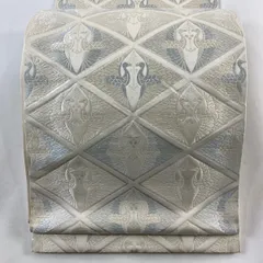 【在庫一掃】 袋帯 秀品 向かい鳥 菱 唐織 箔 灰白 六通 正絹 【中古】