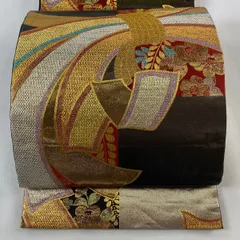 【在庫一掃】 袋帯 秀品 振袖向き 束ね熨斗 草花 箔 金糸 焦茶色 六通 正絹 【中古】