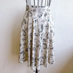 美品✨ アズノゥアズ ピンキー AS KNOW AS PINKY フレア スカート ひざ丈 ミディ丈 裏地 総柄 イラスト 人柄 柄 プリント 個性派 遊び心 ガーリー カジュアル アイボリー ベージュ ウエストゴム 楽ちん