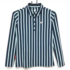 【超美品】ルコックゴルフ 長袖ポロシャツ ネイビー×白 ストライプ ロゴ刺しゅう  レディース S ゴルフウェア le coq sportif