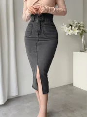 ブラックデニム ストレッチ ハイウエスト ミディ スカート