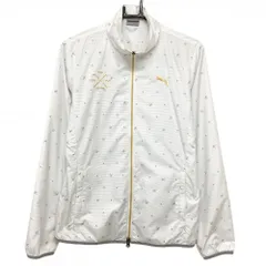 【美品】プーマ ジャケット 白×グレー ボーダー 総柄 ヤシの木 ダブルジップ 裏地メッシュ レディース XL ゴルフウェア PUMA