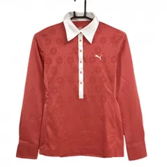 【美品】プーマ 長袖ポロシャツ レッド 前身頃地模様 襟・ロゴ白  レディース L ゴルフウェア PUMA