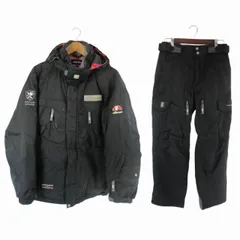 エレッセ ellesse E-8010 セットアップ 上下セット スキー スノーボード ウェア アウトドア ダウン ジャケット フード ジップアップ パンツ ロゴ 総柄 ブラック サイズL QQQ