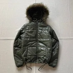 00s　archive　アーカイブ　ROXY　ロキシー　フルジップアップ　光沢　短丈　中綿ジャケット　ファー付き忍者型フード　両面ロゴ刺繍　裾ドローコード　ドロスト　M　カーキグリーン　Y2K　平成ギャル　グランジ　cropped puffer jacket